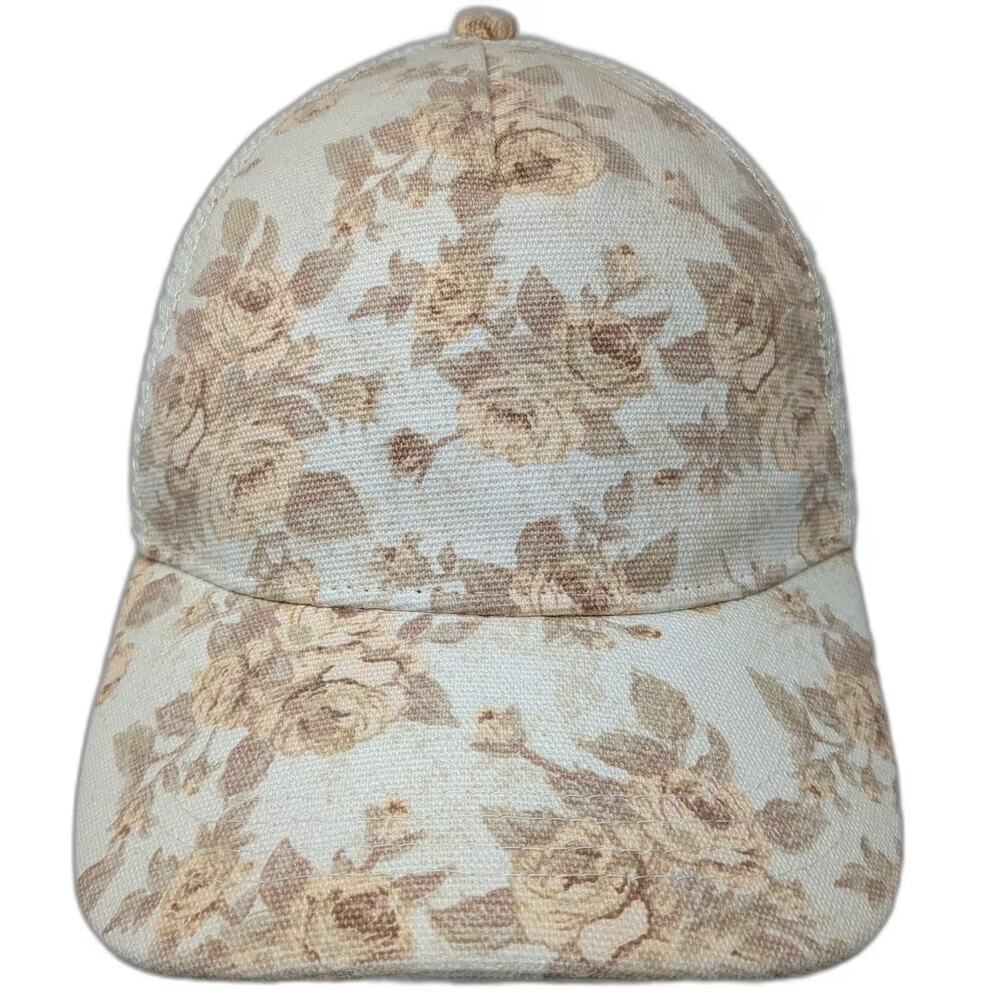 Wild Fable 5 Panel White Brown Floral Roses Mesh Slideback OS Hat Adjustable